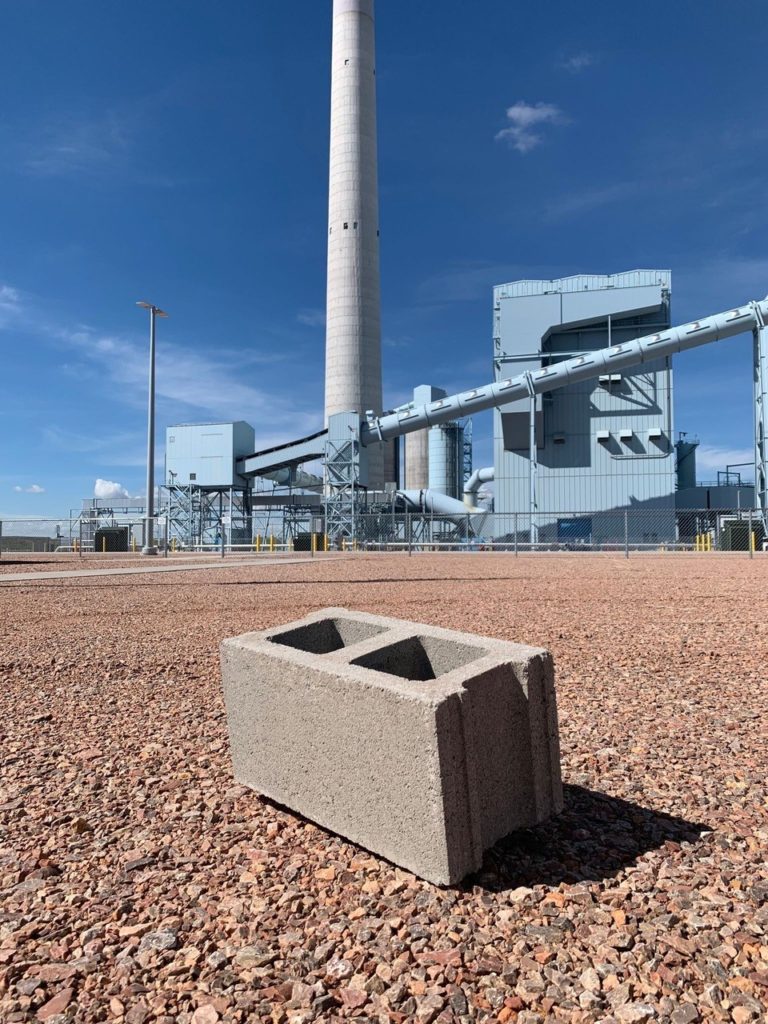 These concrete blocks outside the Integrated Test Center at Basin Electric’s Dry Fork Station are among 10,000 produced using carbon capture technology. (Photo By: XPrize)